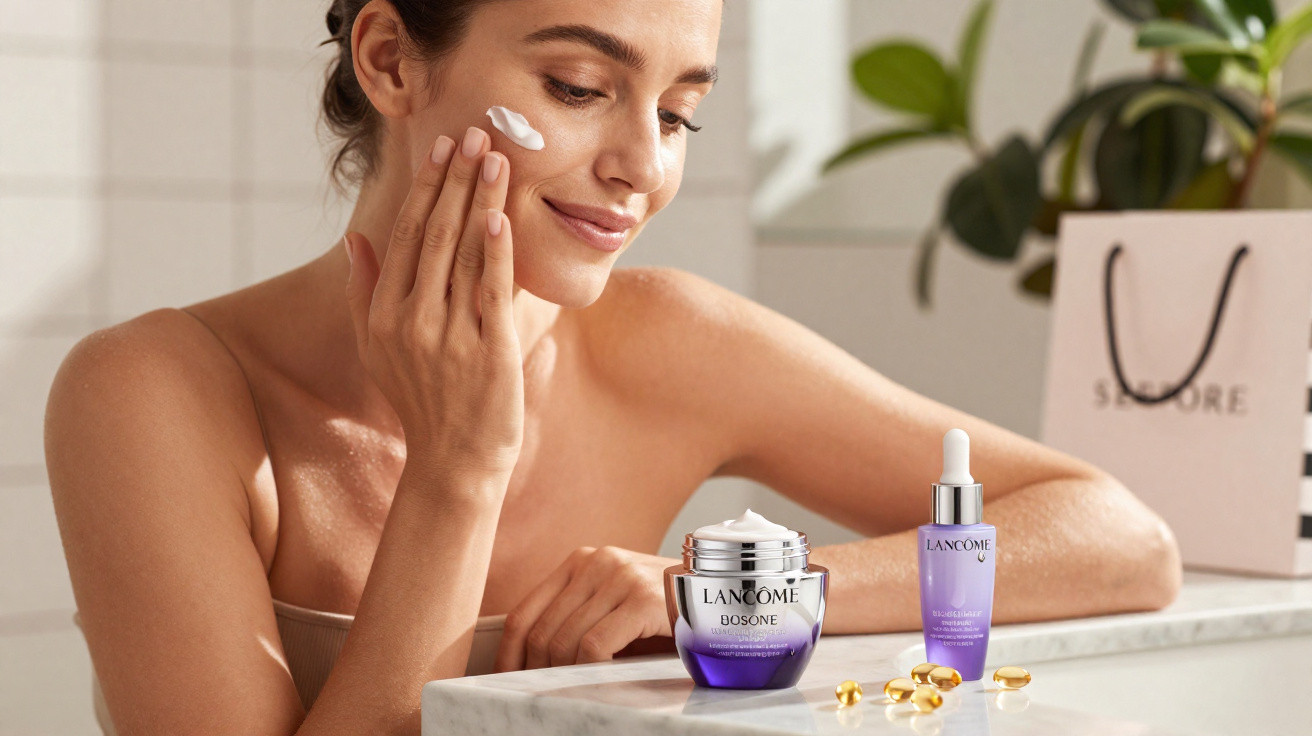 Mulher aplica creme hidratante no rosto ao lado de produtos Lancôme numa bancada branca com plantas ao fundo.