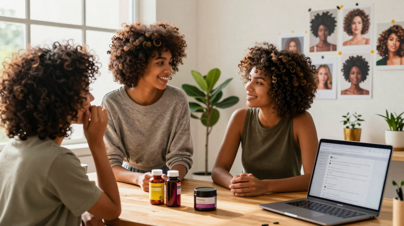 Três mulheres com cabelo encaracolado sentadas à mesa, com frascos e um portátil numa sala iluminada.
