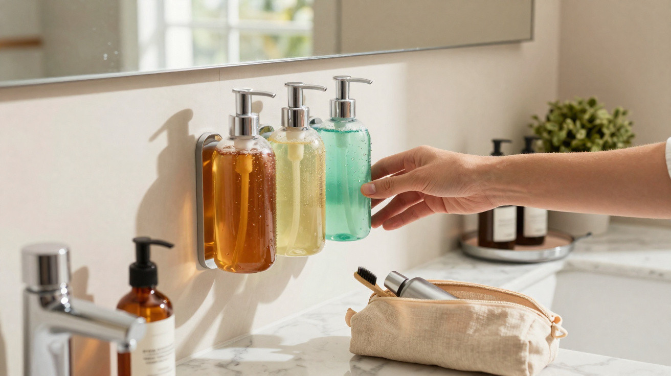 Mãos a alcançar dispenser de sabão líquido azul junto a dispensers laranja e amarelo num lavatório moderno.