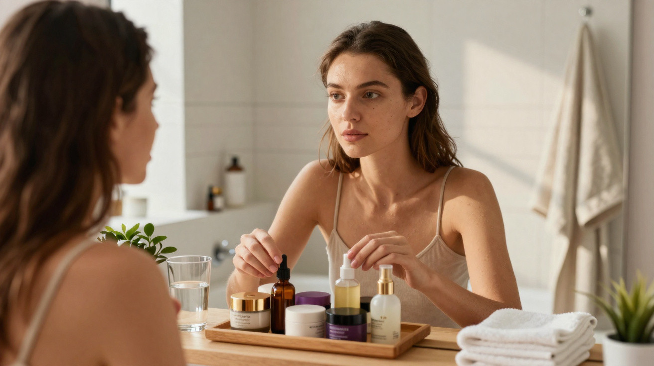 Mulher jovem a cuidar da pele em casa, aplicando produtos cosméticos em frente ao espelho no WC.