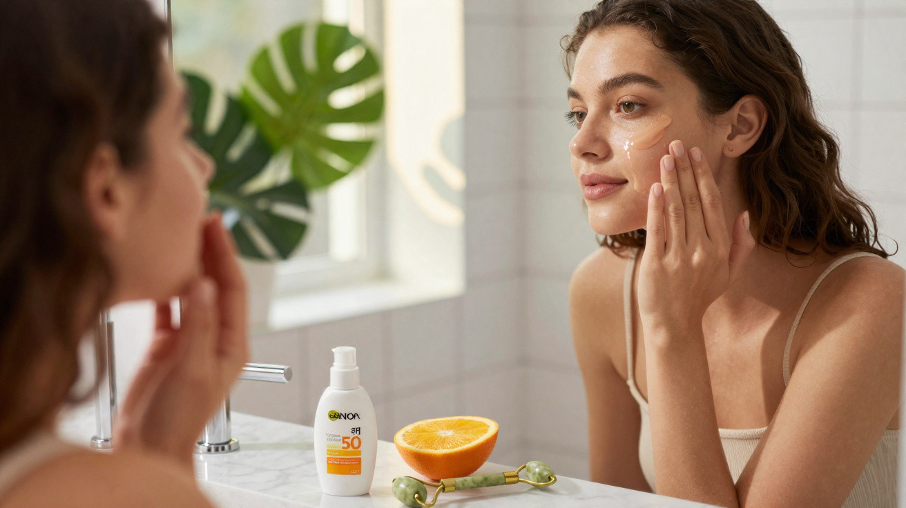 Mulher a aplicar creme no rosto em frente ao espelho, com produto e meio grapefruit na bancada.