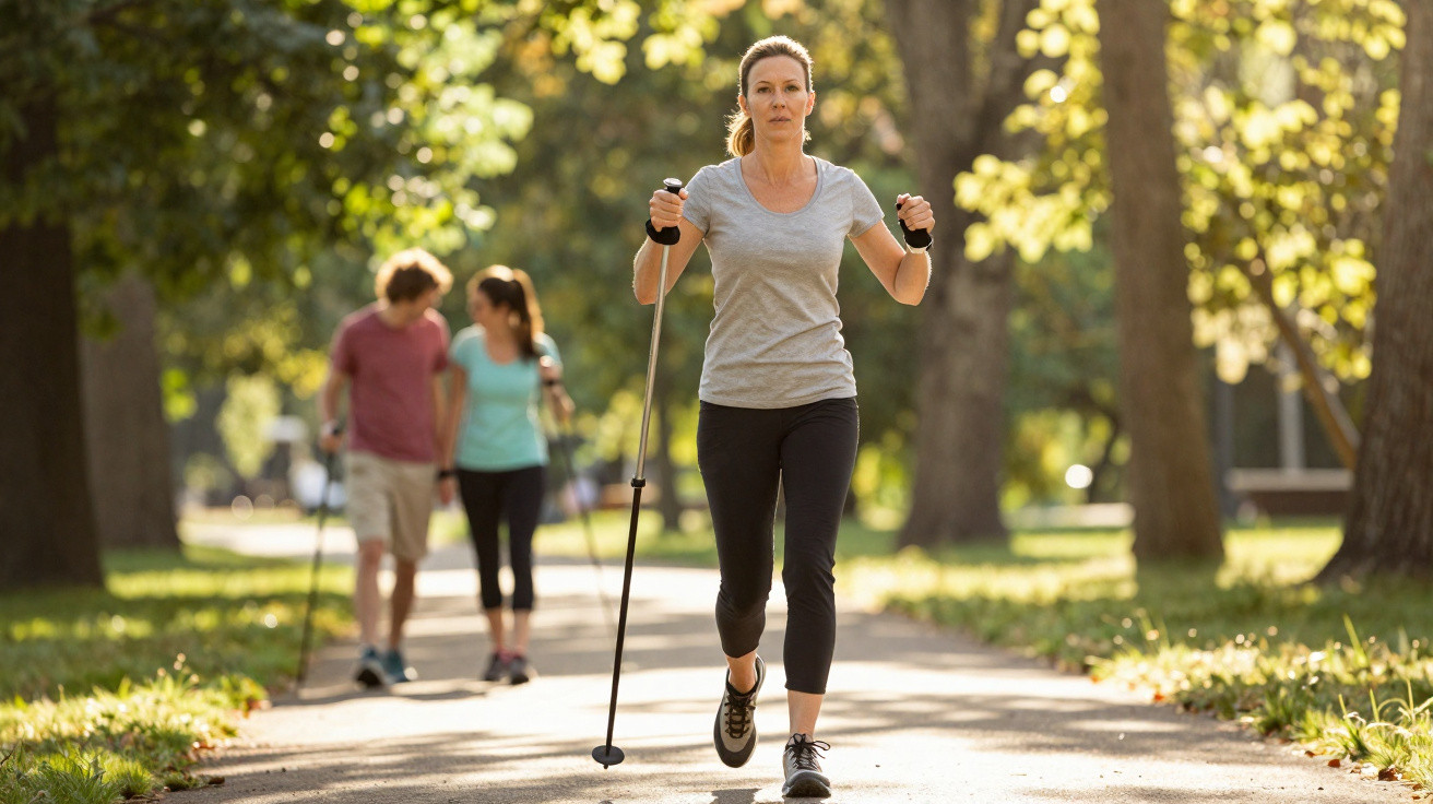 Mulher a praticar caminhada com bastões num parque com árvores e duas pessoas ao fundo.