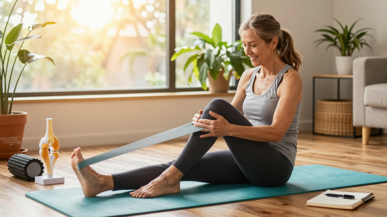 Mulher sénior a fazer exercício com banda elástica numa sala iluminada, sentada no tapete de yoga.