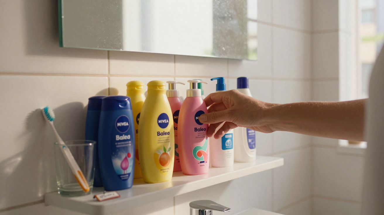 Prateleira de casa de banho com vários frascos de produtos Nivea e uma mão a recolher um deles.