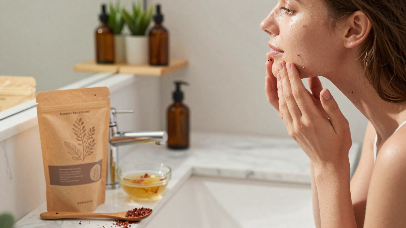 Mulher aplica creme no rosto numa casa de banho moderna com produtos de cuidados naturais à frente.