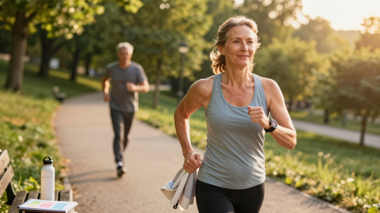 Mulher a correr num parque ao entardecer com homem a correr ao fundo e garrafa de água num banco.