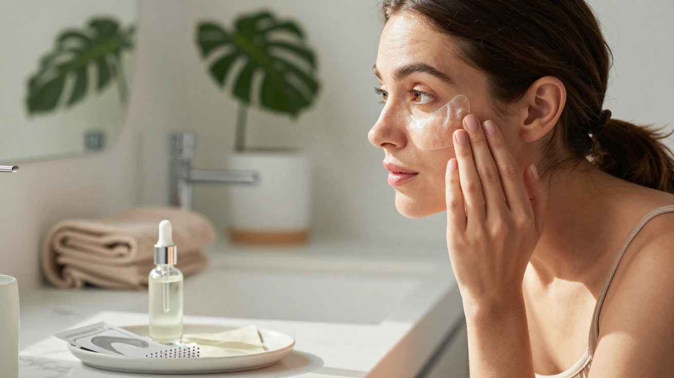 Mulher aplica máscara facial transparente no rosto, sentada diante de espelho em casa.