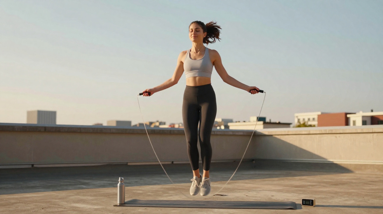 Mulher a saltar à corda num terraço ao ar livre durante o pôr do sol, com garrafa de água e tapete de exercício.