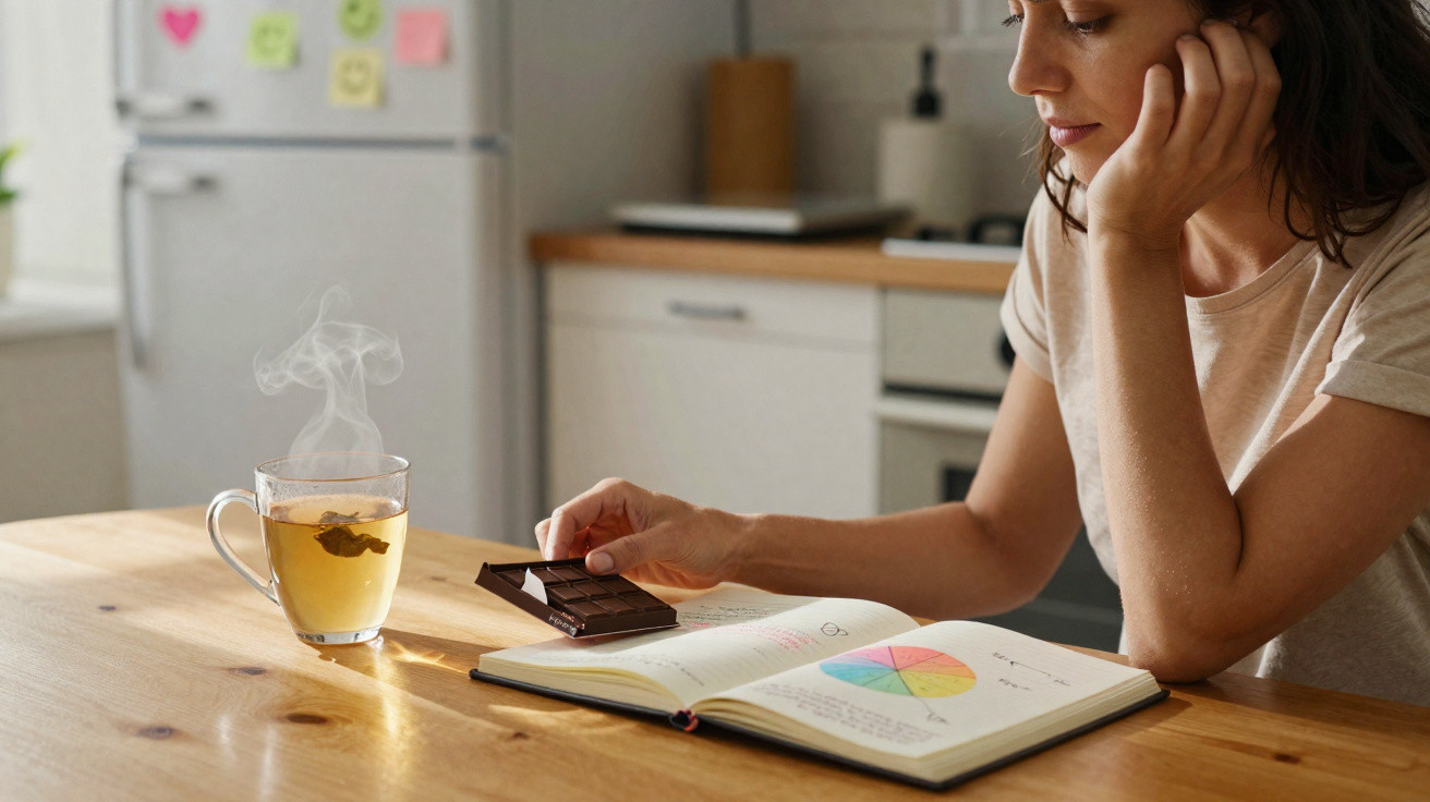 Mulher sentada numa mesa a ler um livro e a pegar num pedaço de chocolate com chá quente ao lado.