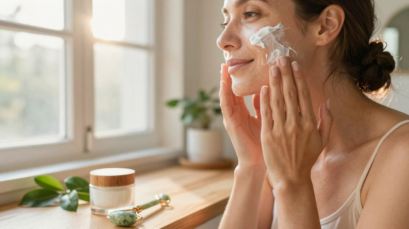 Mulher a aplicar creme hidratante no rosto, sentada junto a uma janela com luz natural.