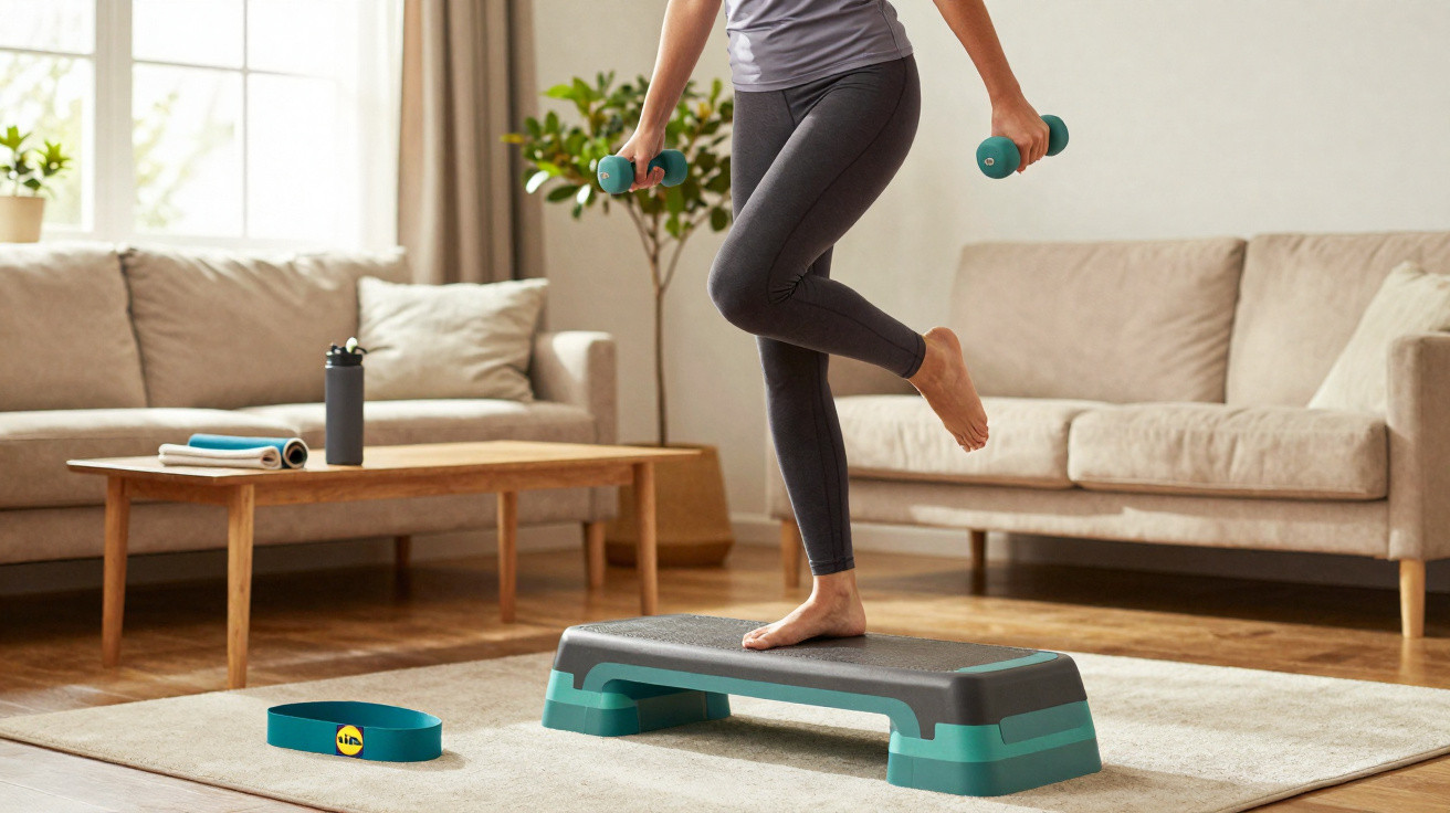 Pessoa a fazer exercício com pesos e step em casa, com sofás e mesa de centro ao fundo.