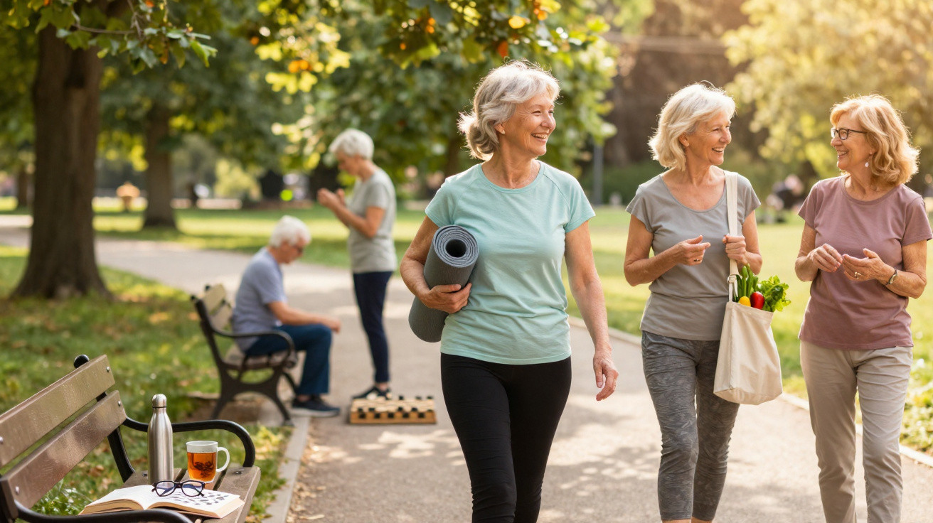 Grupo de pessoas idosas a caminhar e socializar num parque ensolarado com uma mulher a carregar um tapete de yoga.