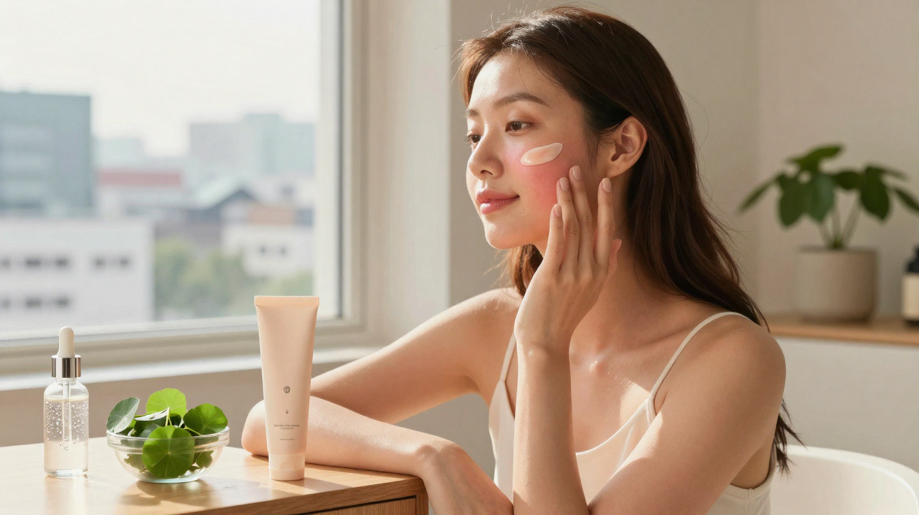 Mulher aplica creme no rosto junto a produtos de cuidados de pele numa sala iluminada pela luz natural.