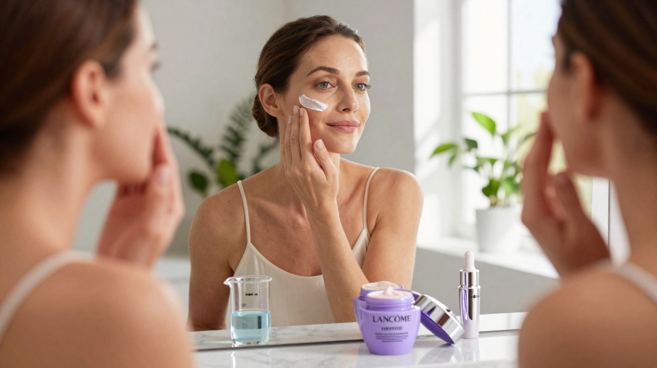 Mulher a aplicar creme facial junto a espelho, com produtos de cosmética sobre a bancada do lavatório.