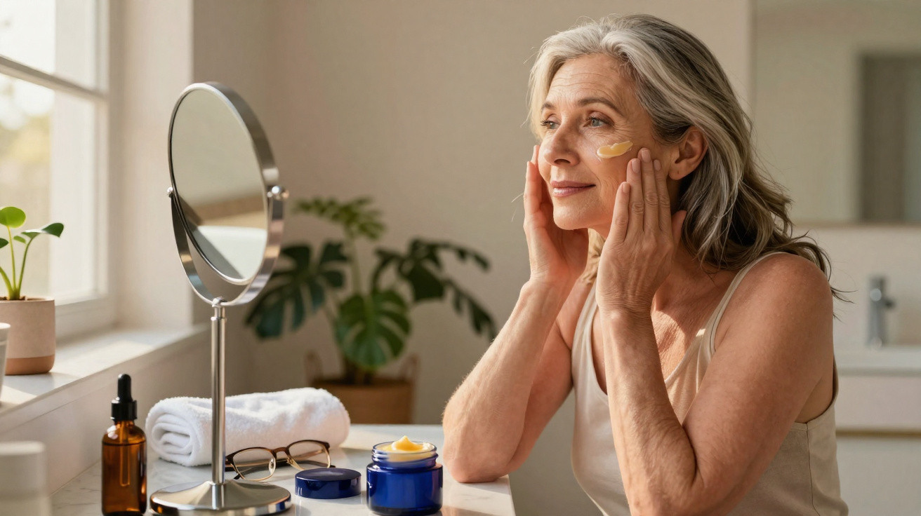 Mulher madura aplica creme no rosto sentada à mesa com espelho e produtos de beleza num ambiente iluminado.