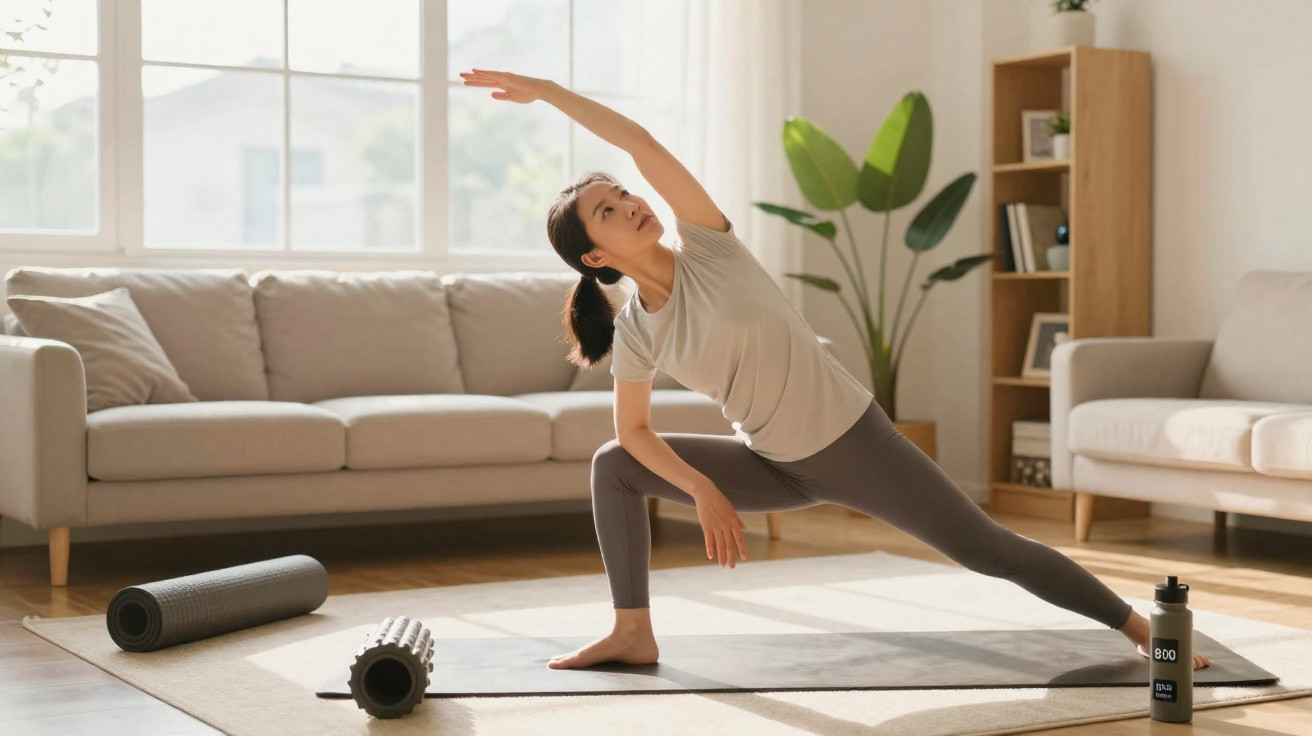 Mulher a fazer alongamento de yoga numa sala de estar com luz natural, tapete e acessórios de exercício.
