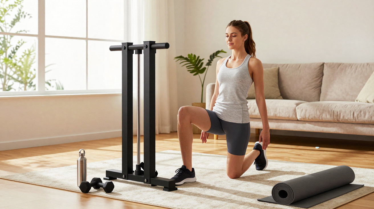 Mulher a fazer exercício de alongamento ao lado de equipamento de fitness numa sala iluminada.