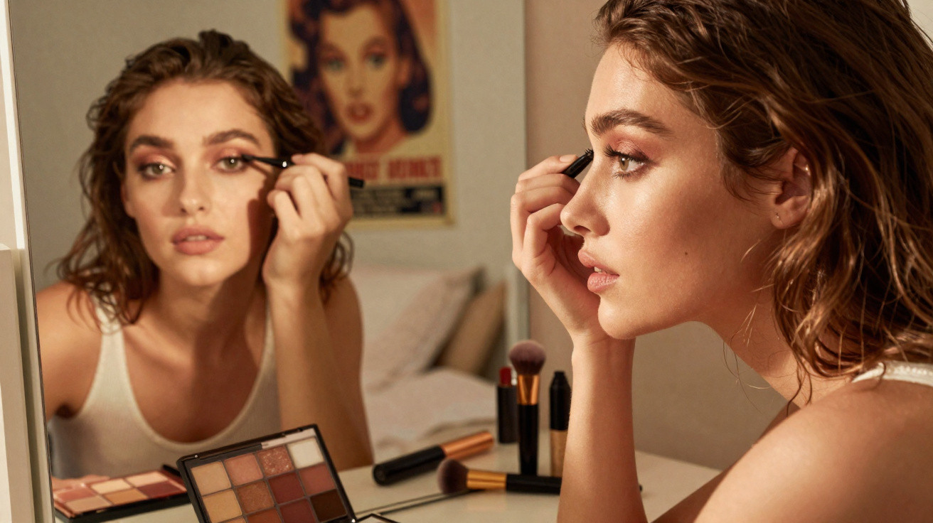 Mulher aplicando maquilhagem nos olhos ao espelho com paleta de sombras e pincéis sobre a mesa.