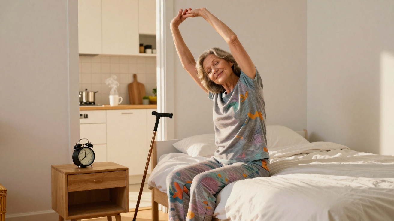 Mulher idosa a espreguiçar-se sentada na cama, ao lado de uma mesa com relógio e bengala.