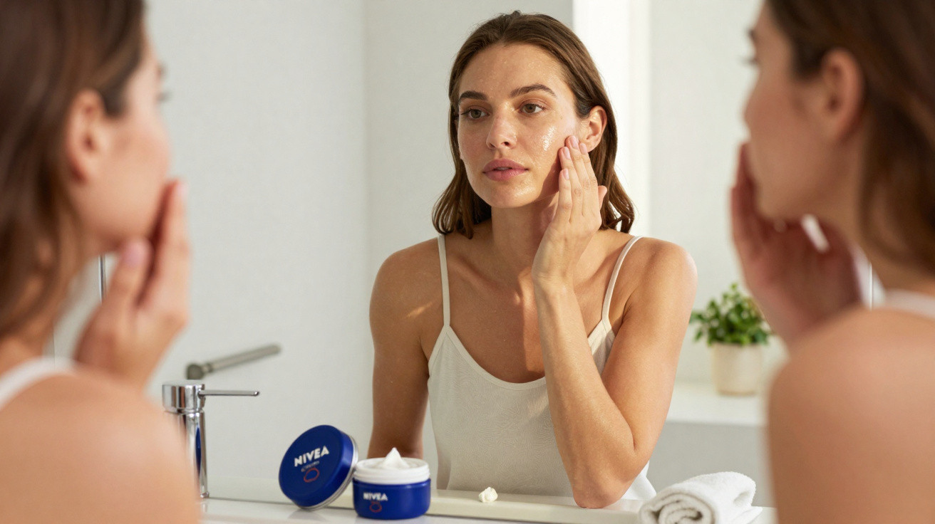 Mulher aplica creme facial Nivea num rosto refletido num espelho de casa de banho.