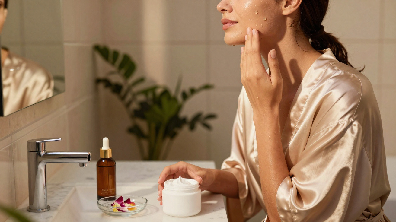 Mulher a aplicar creme hidratante no rosto, sentada em frente a uma pia com produtos de skincare.
