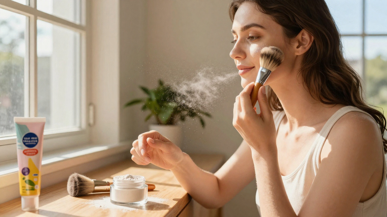 Mulher a aplicar pó facial com pincel junto a janela iluminada, com produtos de maquilhagem na mesa.