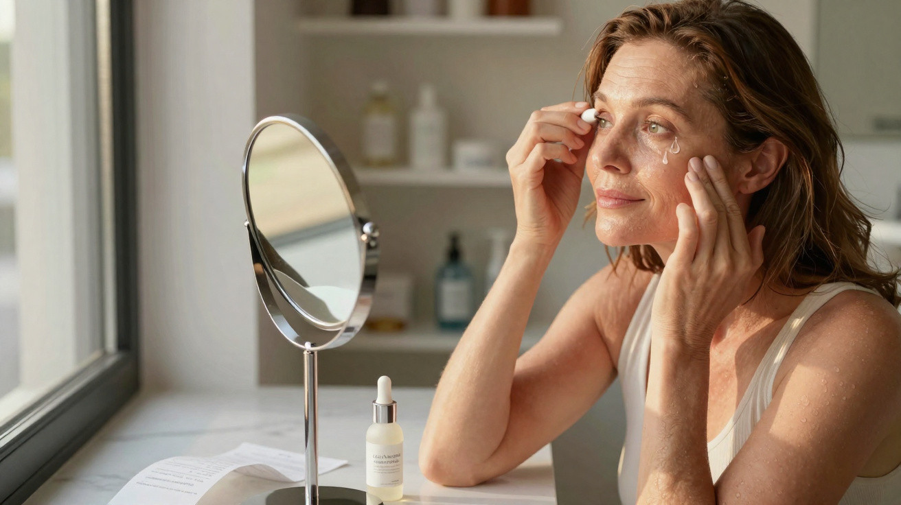 Mulher aplica creme no rosto à frente de um espelho numa mesa com frasco de produto cosmético.
