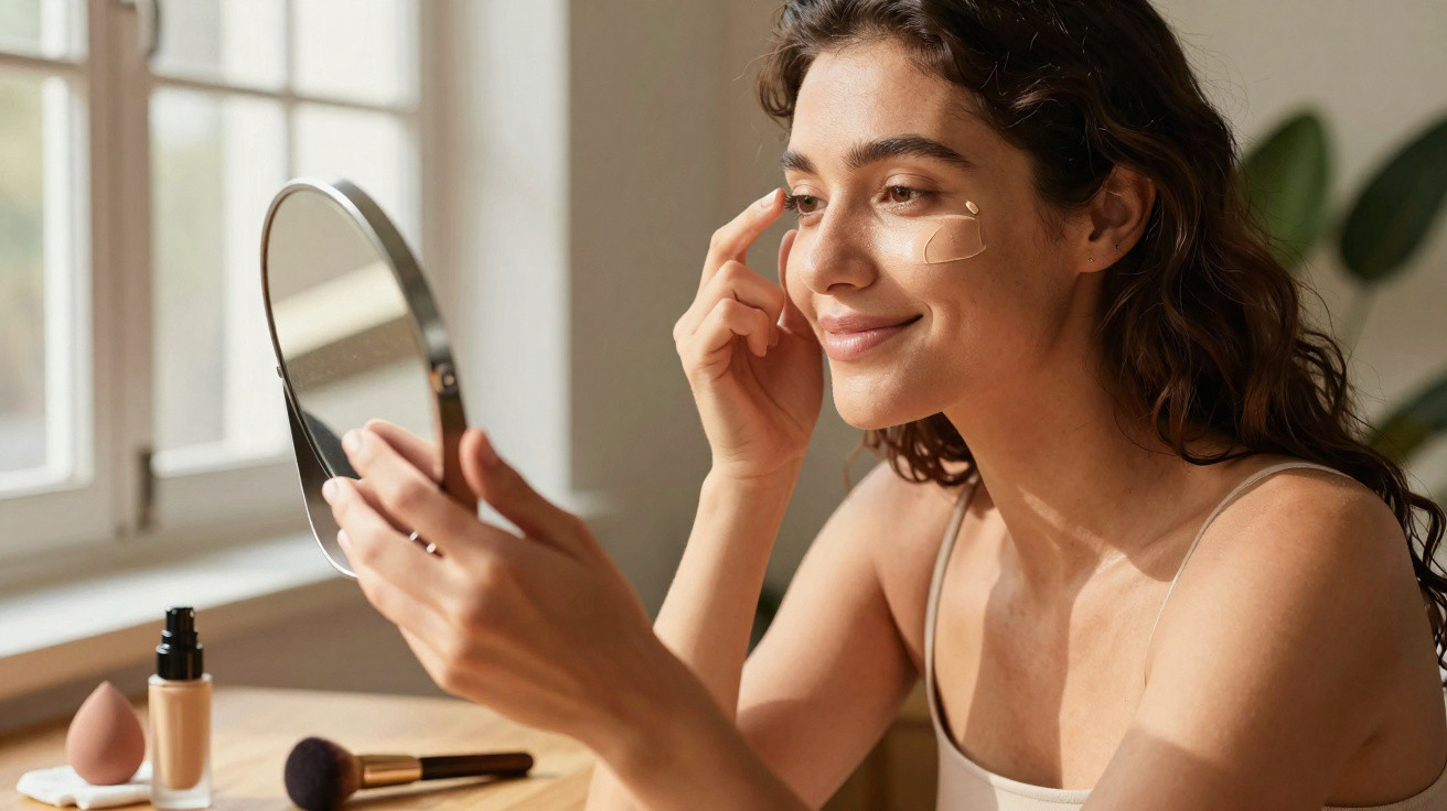 Mulher a aplicar creme de olhos em frente a um espelho, numa mesa com produtos de maquilhagem.