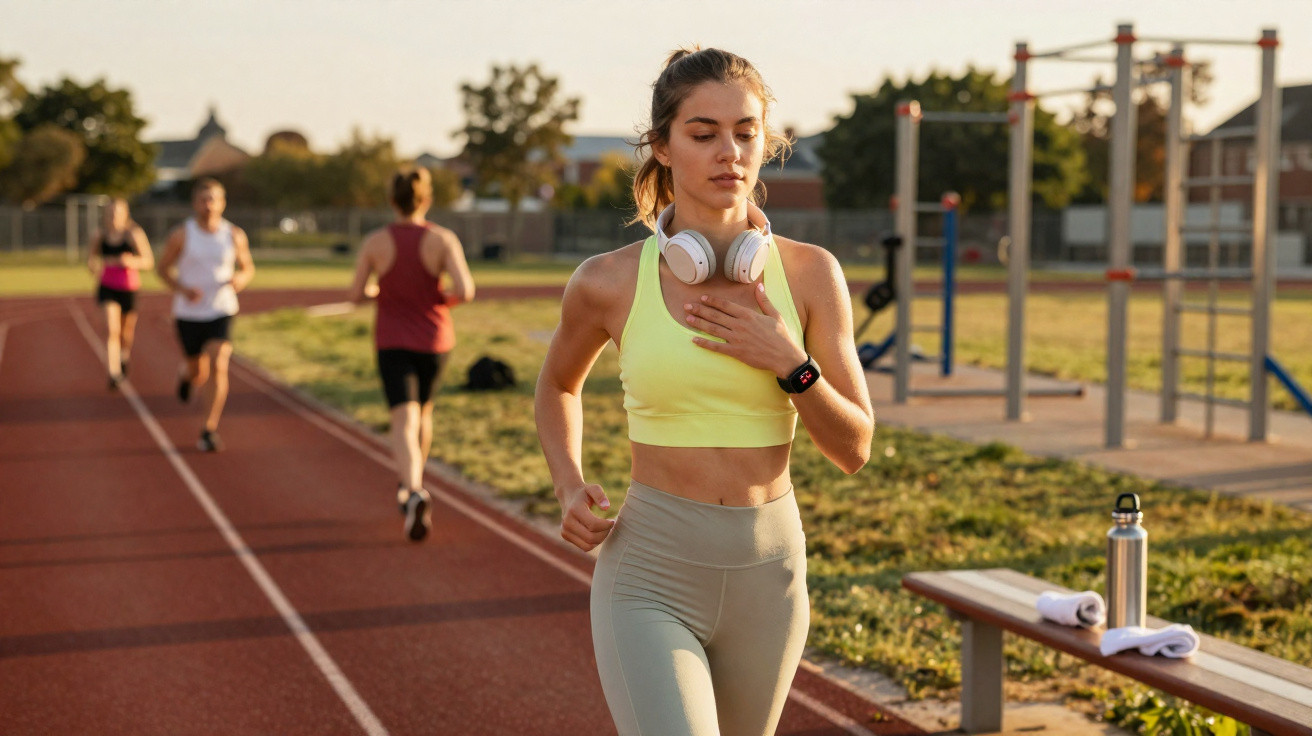 Mulher jovem a correr numa pista desportiva ao ar livre com auriculares e relógio inteligente.