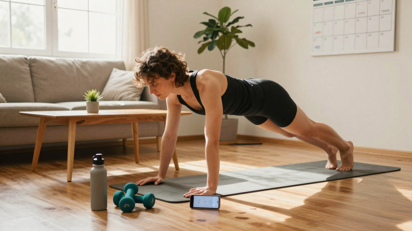 Pessoa a fazer prancha num tapete de yoga em casa com halteres e garrafa de água perto.