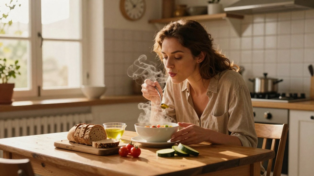Mulher sentada a comer sopa quente numa cozinha iluminada, com pão, tomate e pepino na mesa.