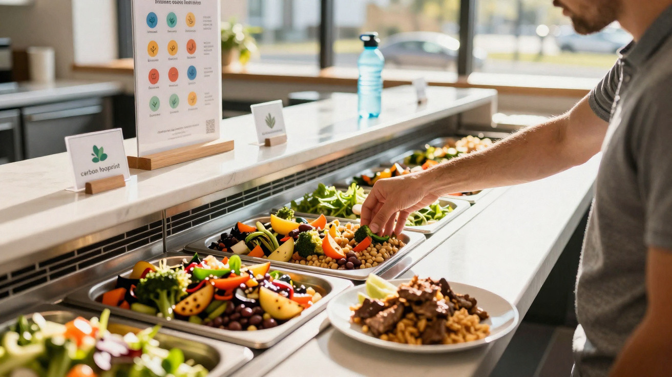 Homem a servir-se de salada fresca num buffet de comida saudável num restaurante luminoso.