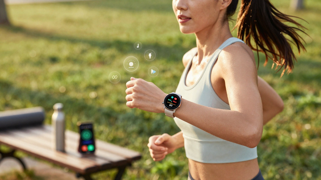 Mulher a correr no parque a usar smartwatch para monitorizar atividade física.