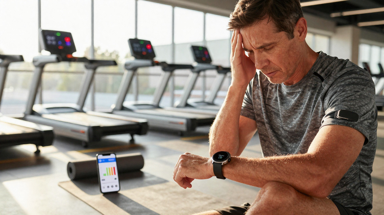 Homem sentado e cansado na ginásio, olhando smartwatch com passadeiras ao fundo.