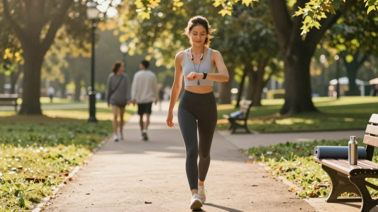 Jovem a caminhar num parque, a olhar para o relógio inteligente com roupas de desporto ao amanhecer.