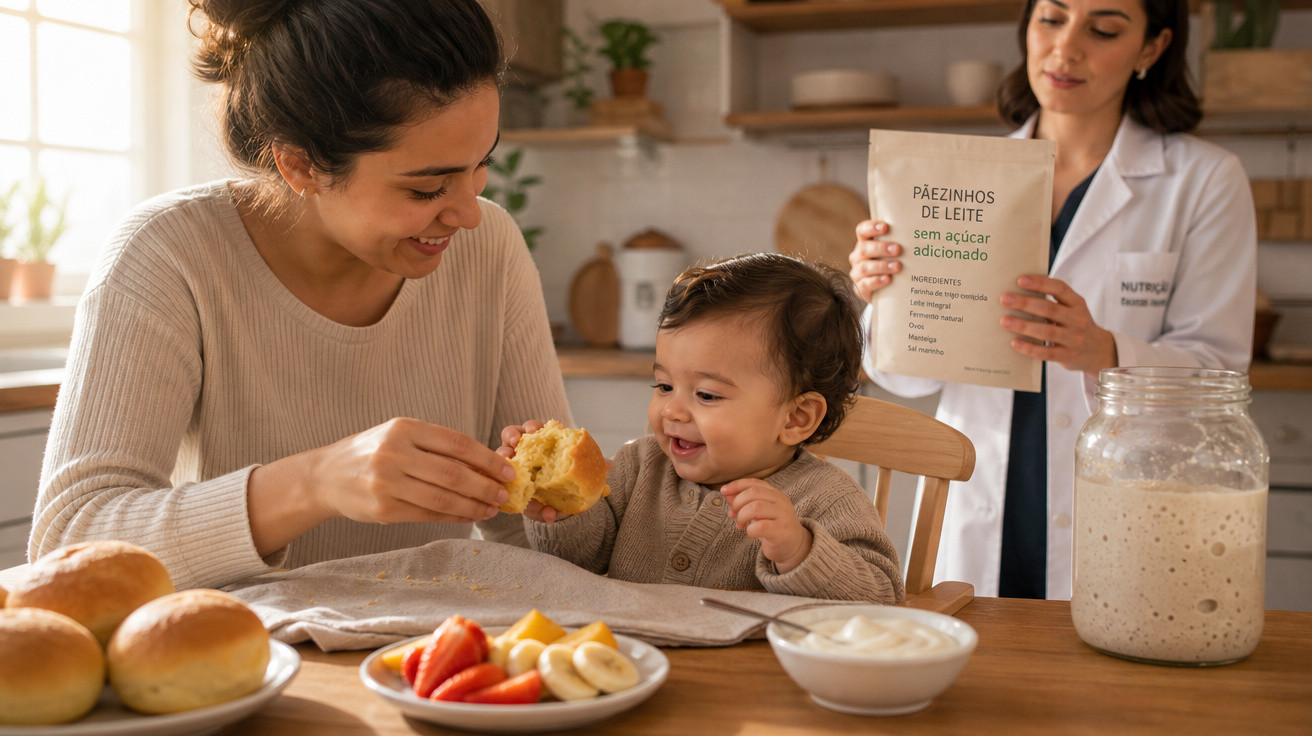 Mãe a alimentar bebé com pão em cozinha, enquanto nutricionista segura embalagem de pão saudável.
