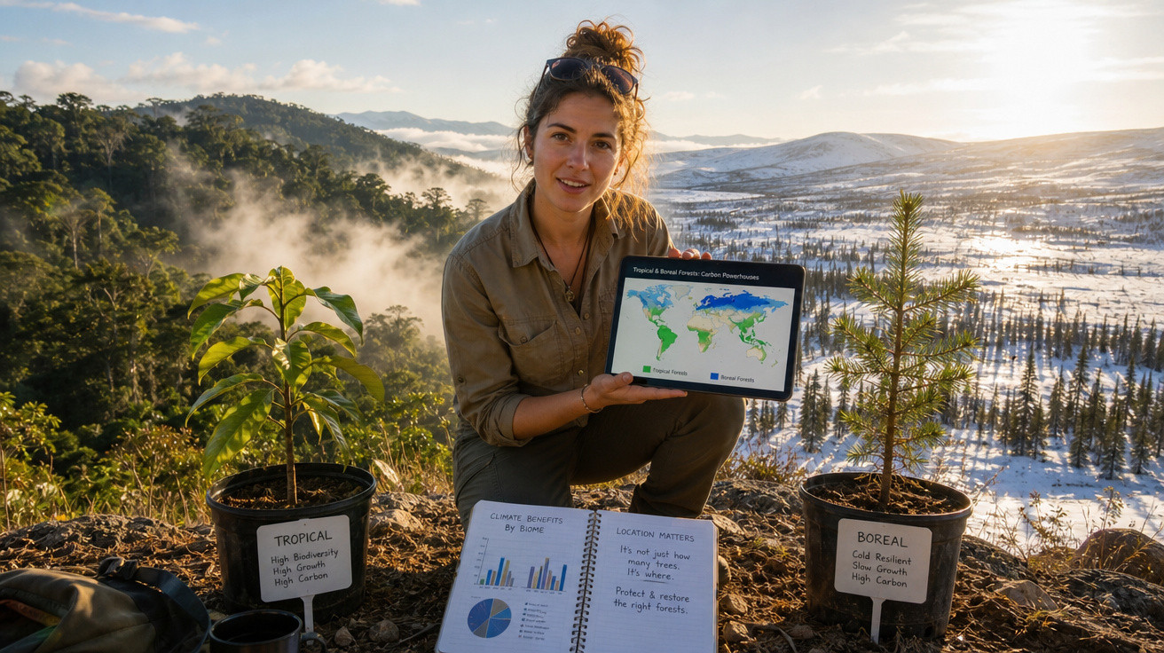 Mulher segura tablet com mapas e gráficos, entre plantas tropicais e boreais, montanha nevada ao fundo.