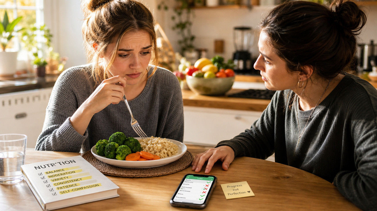 Duas mulheres sentadas à mesa; uma aparenta preocupação com a comida e outra conforta-a.