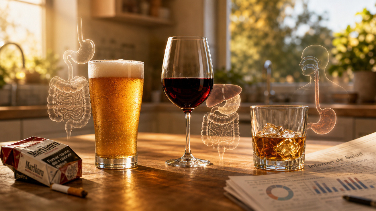 Cigarros, cerveja, vinho e uísque ao lado de gráficos e órgãos humanos transparentes destacando o impacto na saúde.