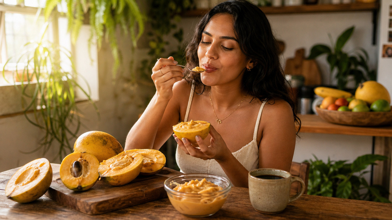 Mulher a saborear fruta papaia à colher numa cozinha com frutas e plantas ao fundo.