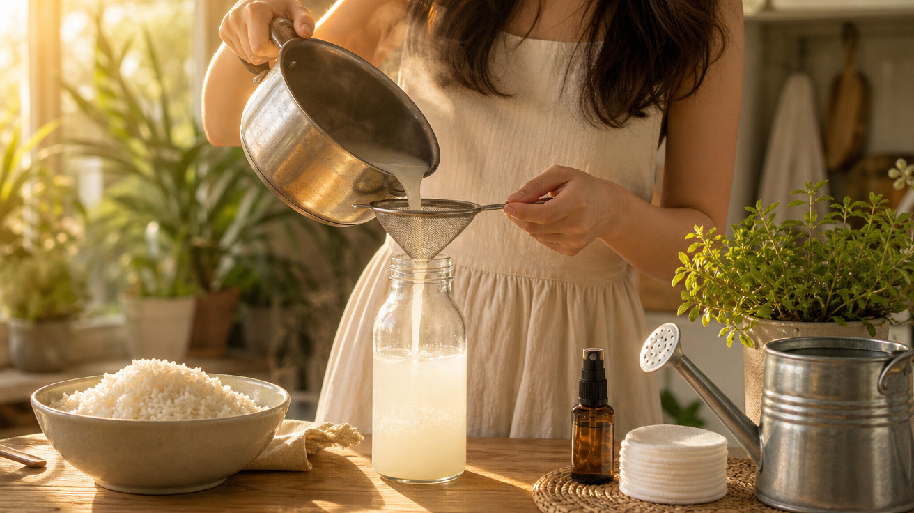 Pessoa a coar líquido para uma garrafa numa cozinha iluminada, com arroz e plantas ao lado.