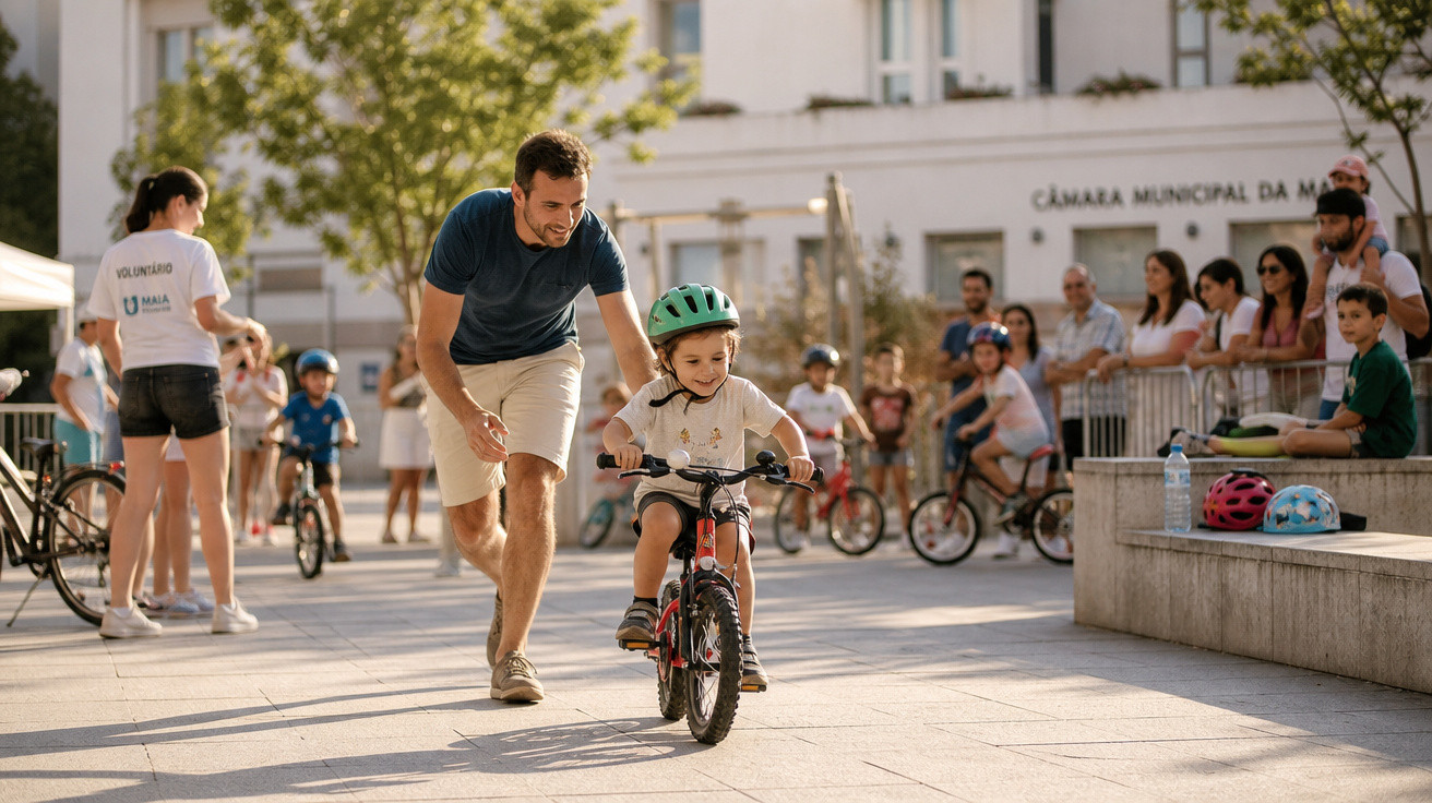 Pai ajuda criança de capacete a aprender a andar de bicicleta numa praça com outras crianças e público.