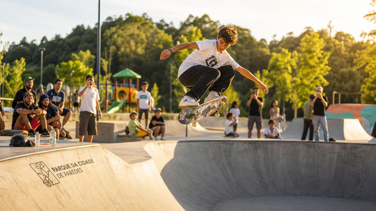 Jovem realiza manobra de skate em parque urbano, enquanto várias pessoas observam ao fundo ao pôr do sol.