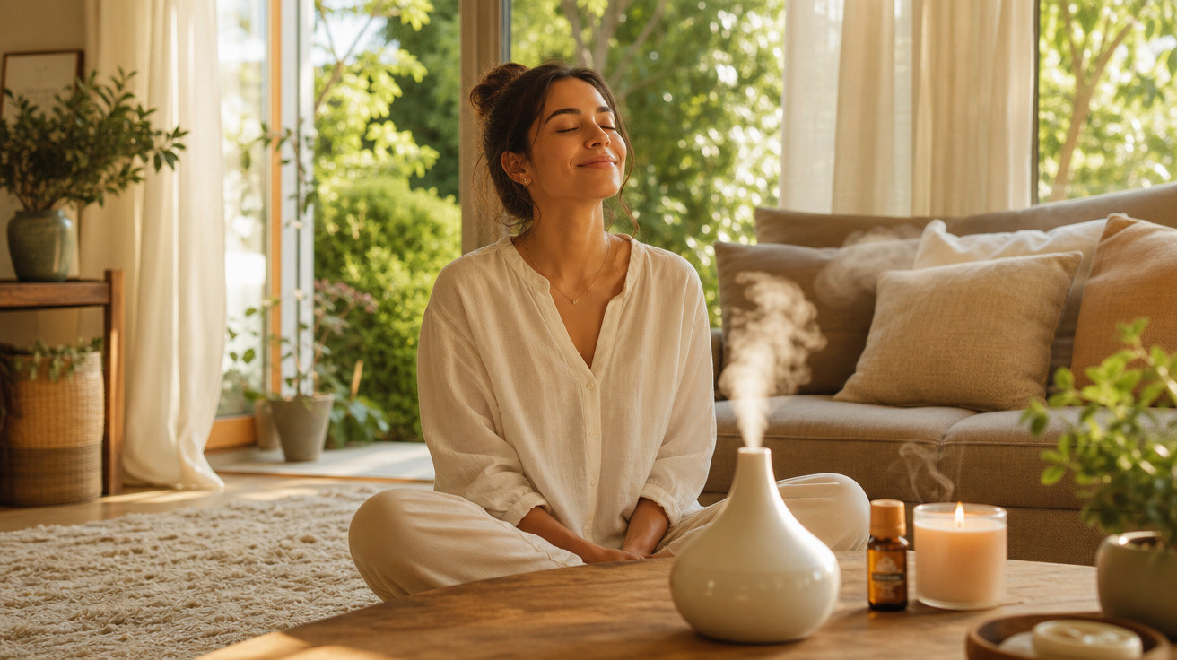 Mulher sentada em posição de meditação numa sala iluminada, com aromatizador e vela acesos.