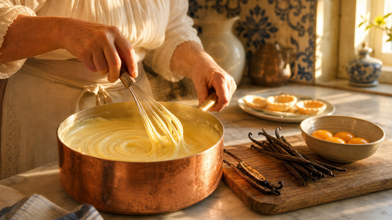 Pessoa a mexer creme numa caçarola de cobre numa cozinha com ingredientes para pastel de nata.