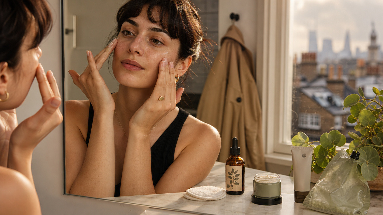 Mulher a aplicar creme facial em frente ao espelho, num ambiente com jarra de plantas e janela com vista urbana.