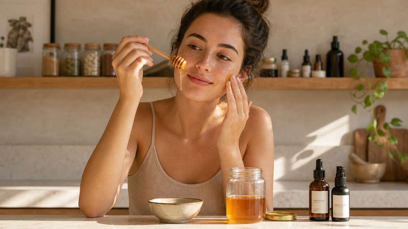 Mulher de cabelo apanhado aplica mel no rosto sentada à mesa de cozinha com frascos de cosméticos à sua frente.