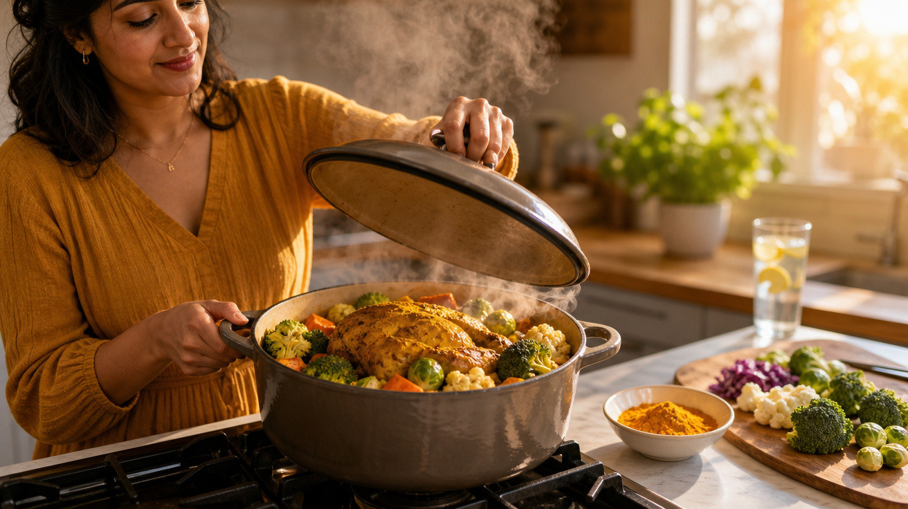 Mulher a levantar a tampa de panela com prato de carne cozinhada e legumes no fogão numa cozinha iluminada.