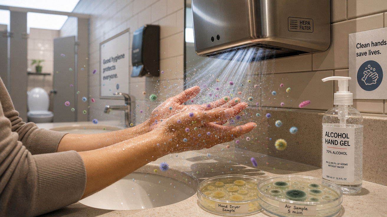 Mãos a ser secas com secador automático, partículas de germes visíveis e frasco de gel desinfetante perto.