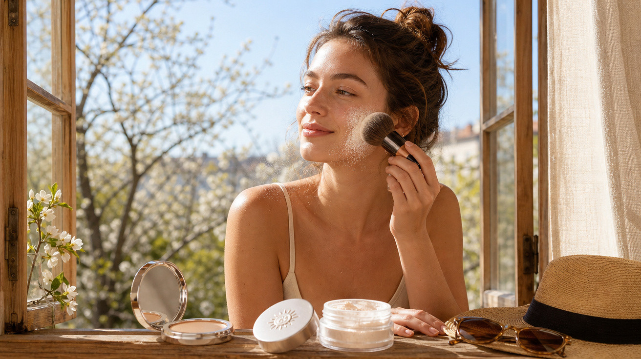 Mulher aplica pó facial com pincel junto a janela aberta em ambiente iluminado e natural.